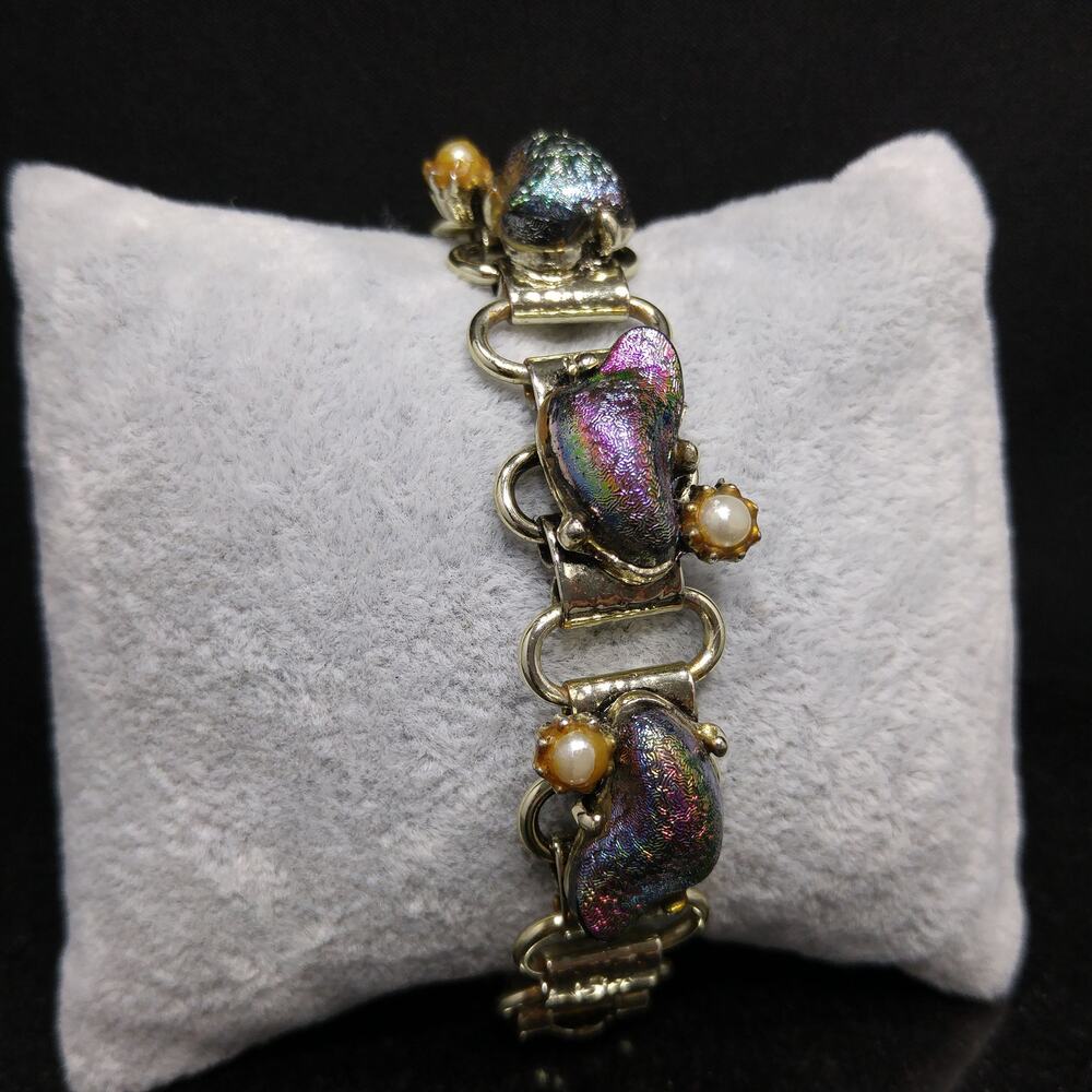 Vintage Holographic Art Glass Bracelet, Book Chain, Faux Pearls, 1960s Jewelry